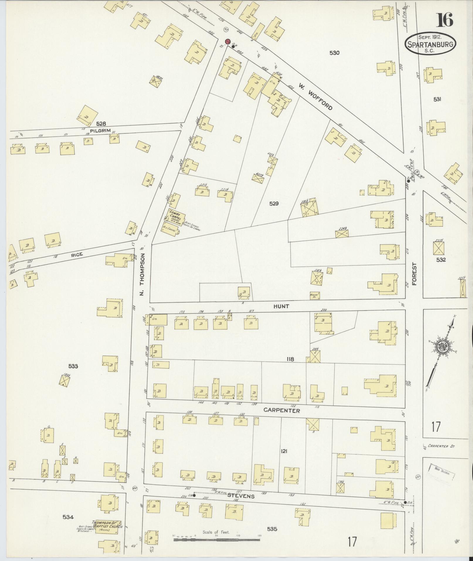 Sanborn Fire Insurance Map from Spartanburg, Spartanburg County, South Carolina (1912), Sheet #0016 - Historic Sanborn Fire Insurance Map Print, vintage old map wall art, antique decor, genealogy gift, South Carolina South Carolina map