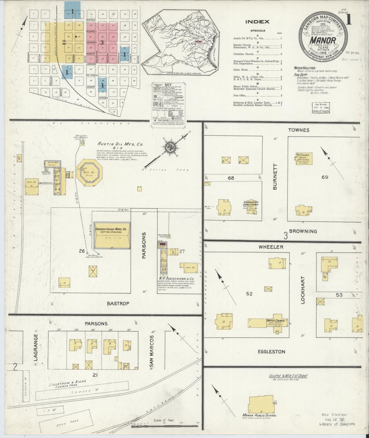 Sanborn Fire Insurance Map from Manor, Travis County, Texas (1916), Sheet #0001 - Historic Sanborn Fire Insurance Map Print, vintage old map wall art, antique decor, genealogy gift, Texas Texas map