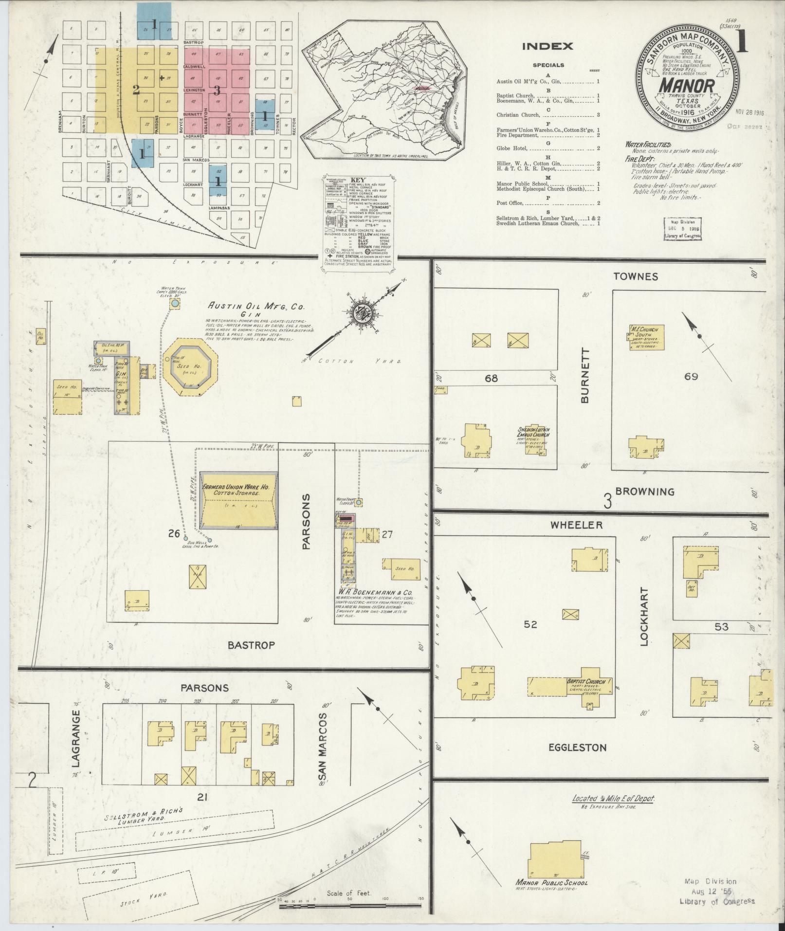Sanborn Fire Insurance Map from Manor, Travis County, Texas (1916), Sheet #0001 - Historic Sanborn Fire Insurance Map Print, vintage old map wall art, antique decor, genealogy gift, Texas Texas map