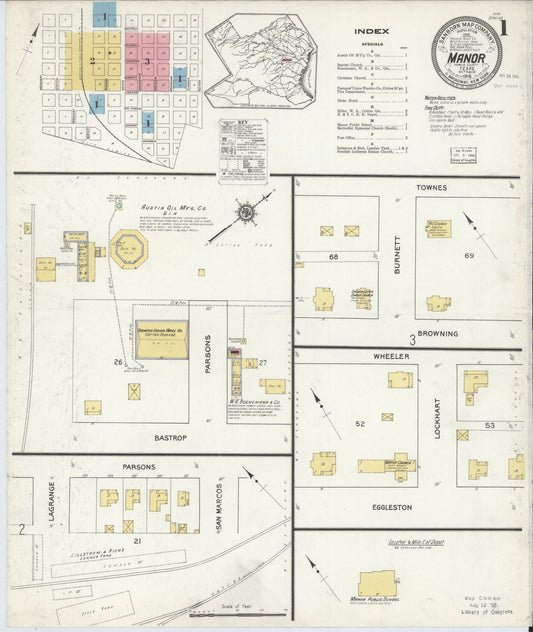 Sanborn Fire Insurance Map from Manor, Travis County, Texas (1916), Sheet #0001 - Historic Sanborn Fire Insurance Map Print, vintage old map wall art, antique decor, genealogy gift, Texas Texas map