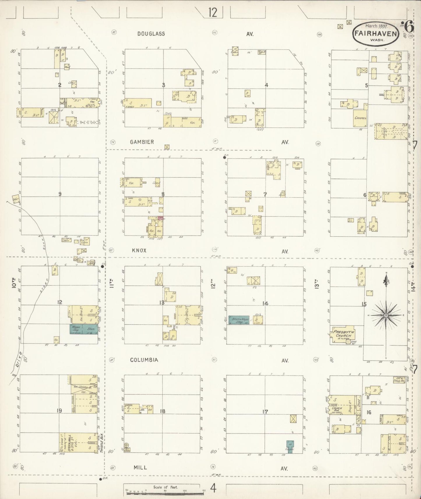 Sanborn Fire Insurance Map from Fairhaven [see also Bellingham and Sehome], Whatcom County, Washington (1897), Sheet #0006 - Complete Map Set gallery image, historic Sanborn map, vintage wall art, Washington Washington