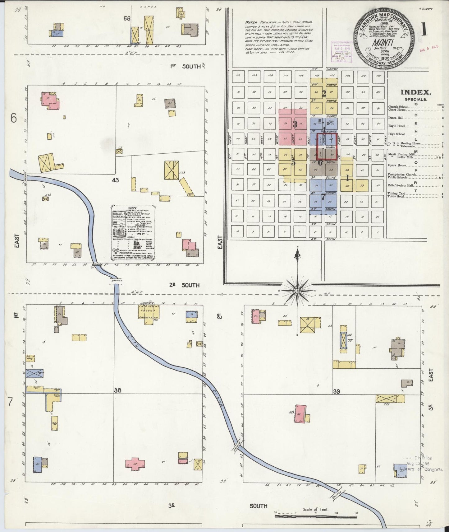 Sanborn Fire Insurance Map from Manti, Sanpete County, Utah (1908), Sheet #0001 - Complete Map Set gallery image, historic Sanborn map, vintage wall art, Utah Utah