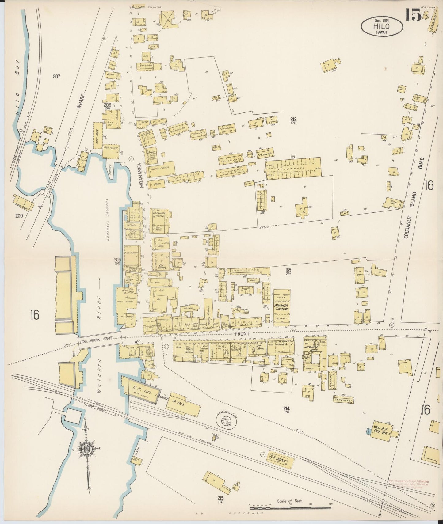 Sanborn Fire Insurance Map from Hilo, Hawaii County, Hawaii (1914), Sheet #0015 - Historic Sanborn Fire Insurance Map Print, vintage old map wall art