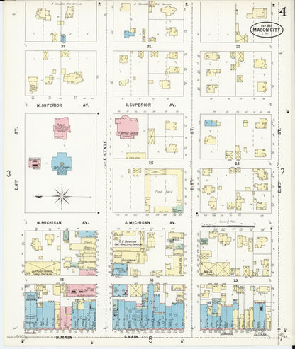 Sanborn Fire Insurance Map from Mason City, Cerro Gordo County, Iowa (1897), Sheet #0004 - Historic Sanborn Fire Insurance Map Print, vintage old map wall art