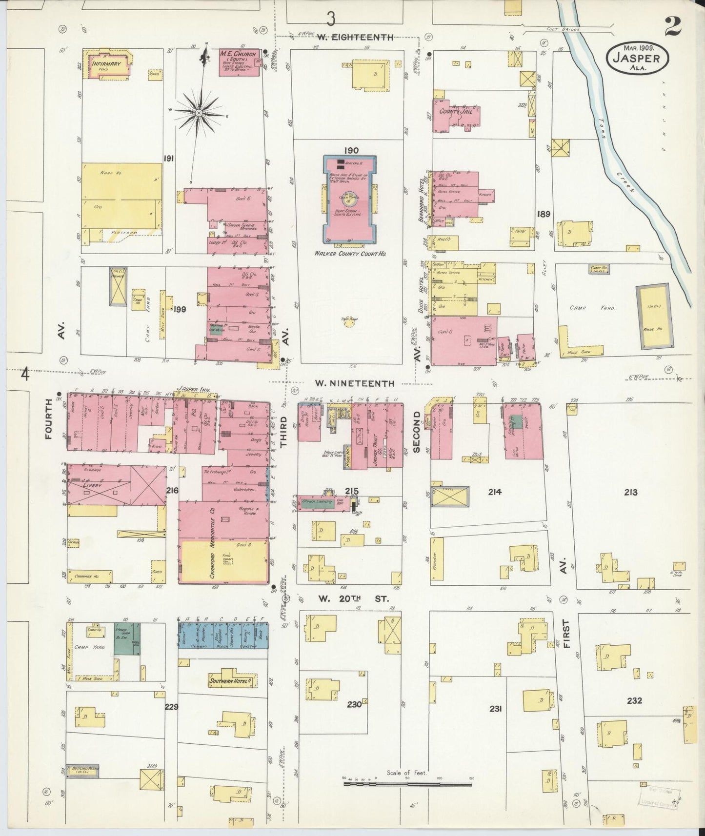 Sanborn Fire Insurance Map from Jasper, Walker County, Alabama (1909), Sheet #0002 - Historic Sanborn Fire Insurance Map Print, vintage old map wall art, antique decor, genealogy gift, Alabama Alabama map
