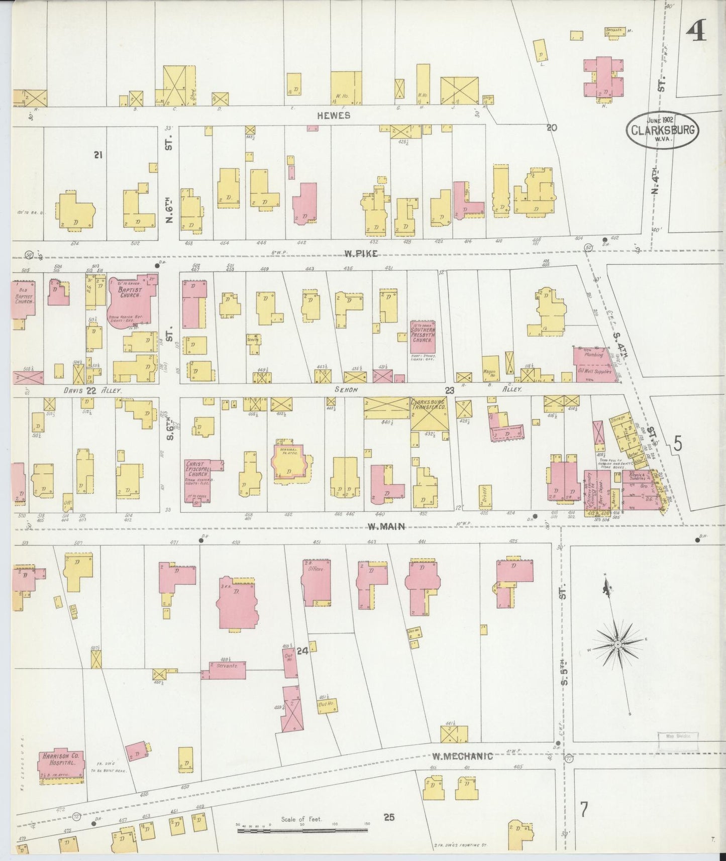 Sanborn Fire Insurance Map from Clarksburg, Harrison County, West Virginia (1902), Sheet #0004 - Complete Map Set gallery image, historic Sanborn map, vintage wall art, West Virginia West Virginia