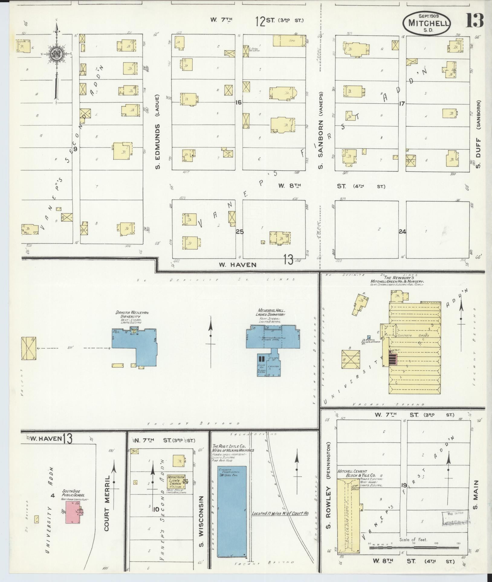 Sanborn Fire Insurance Map from Mitchell, Davison County, South Dakota (1909), Sheet #0013 - Historic Sanborn Fire Insurance Map Print, vintage old map wall art, antique decor, genealogy gift, South Dakota South Dakota map