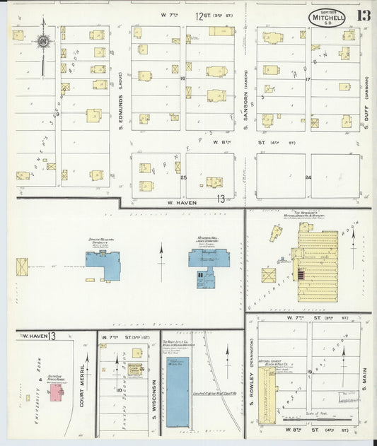 Sanborn Fire Insurance Map from Mitchell, Davison County, South Dakota (1909), Sheet #0013 - Historic Sanborn Fire Insurance Map Print, vintage old map wall art, antique decor, genealogy gift, South Dakota South Dakota map