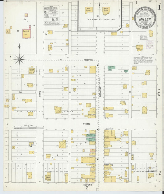 Sanborn Fire Insurance Map from Miller, Hand County, South Dakota (1904), Sheet #0001 - Complete Map Set gallery image, historic Sanborn map, vintage wall art, South Dakota South Dakota