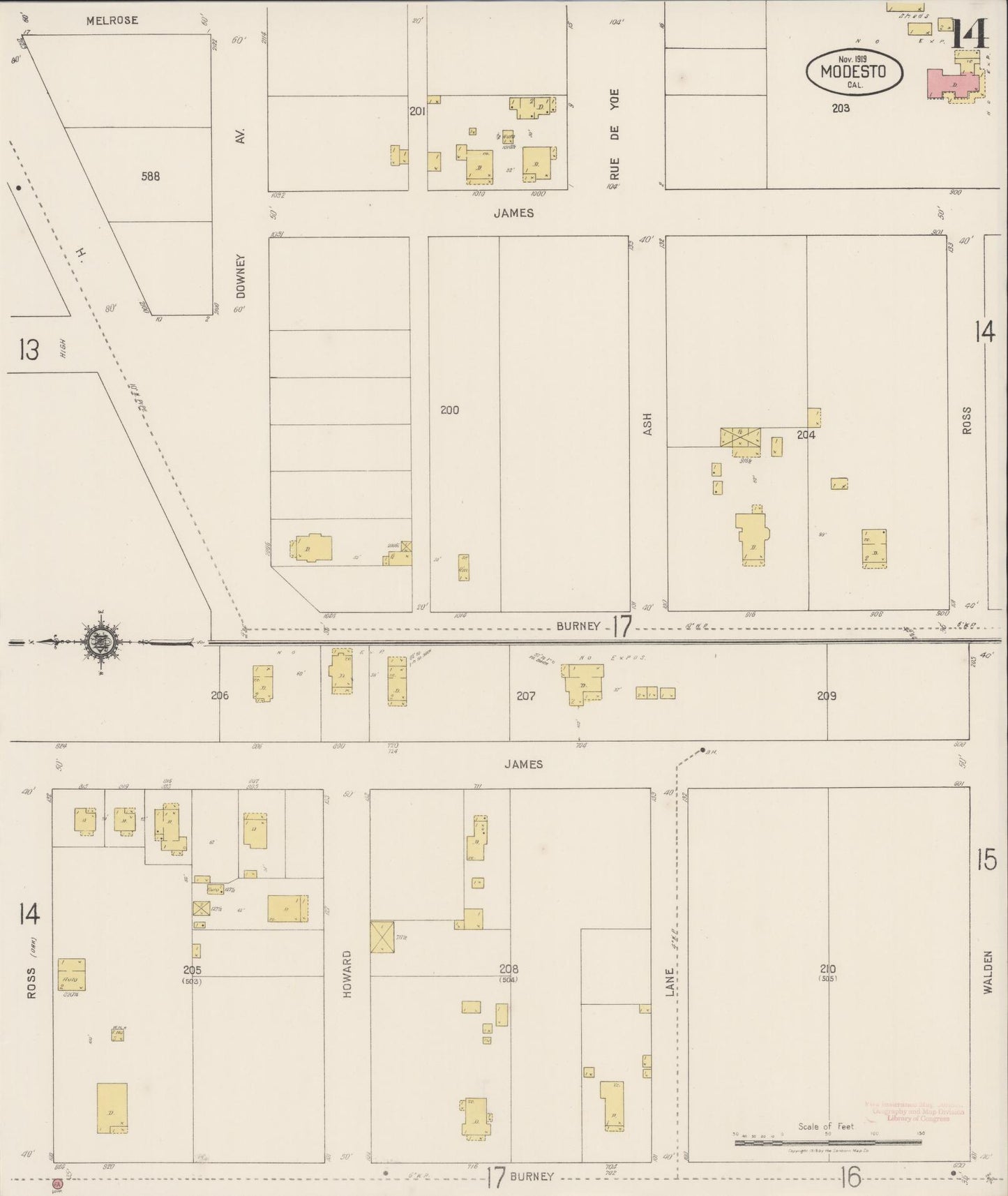 Sanborn Fire Insurance Map from Modesto, Stanislaus County, California (1919), Sheet #0014 - Complete Map Set gallery image, historic Sanborn map, vintage wall art, California California