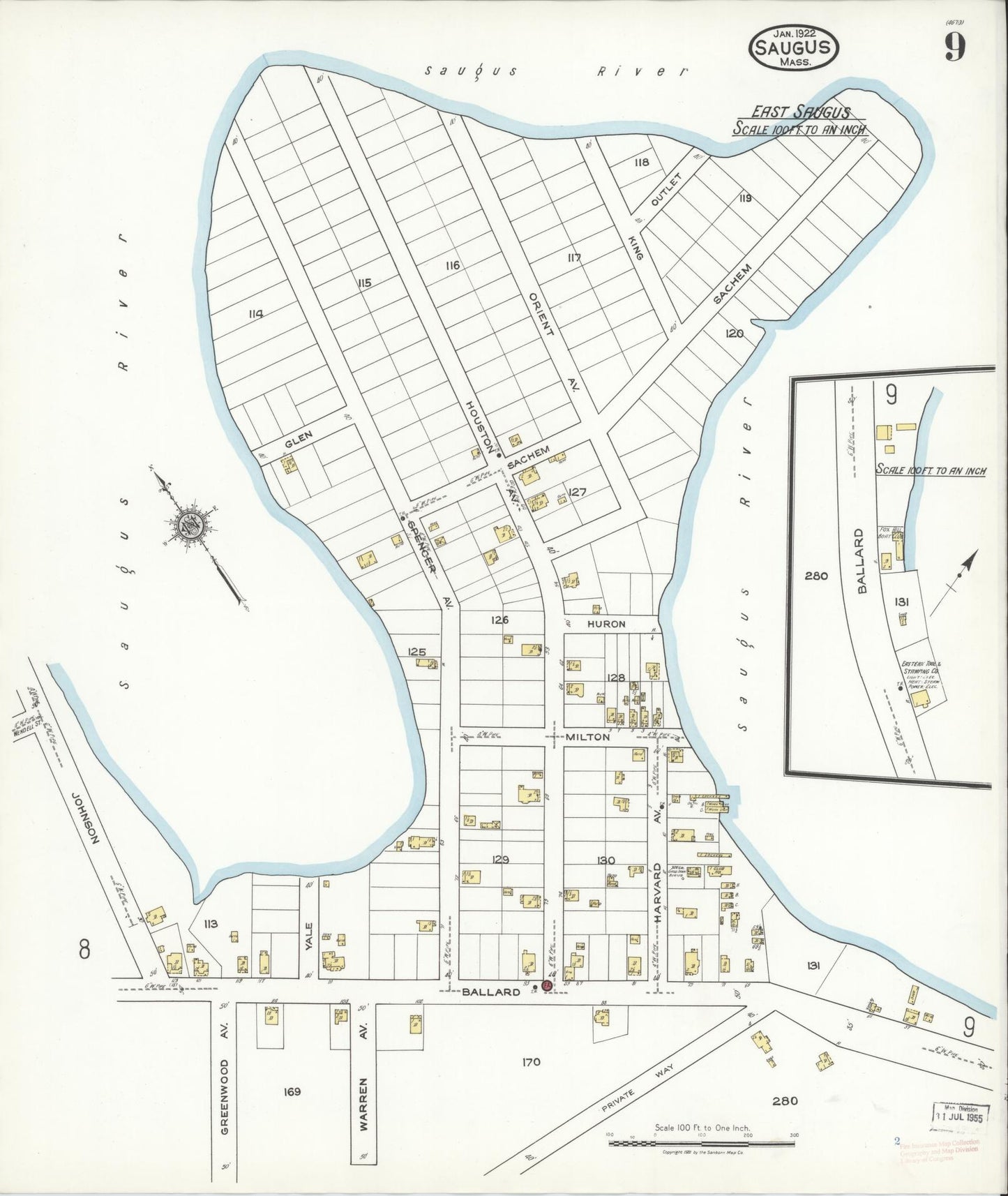 Sanborn Fire Insurance Map from Saugus, Essex County, Massachusetts (1922), Sheet #0009 - Complete Map Set gallery image, historic Sanborn map, vintage wall art, Massachusetts Massachusetts