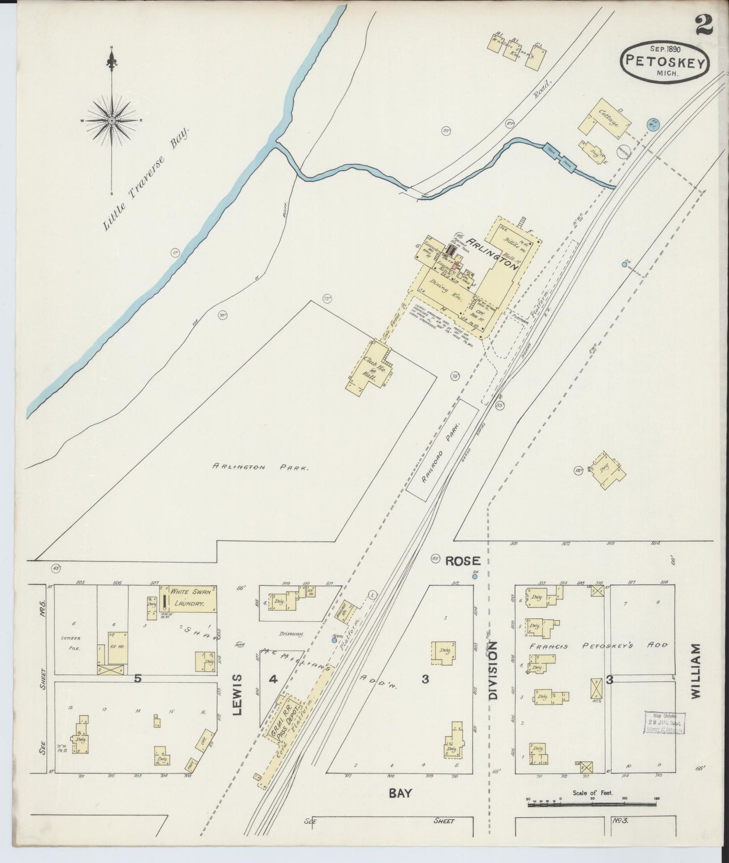 Sanborn Fire Insurance Map from Petoskey, Emmet County, Michigan (1890), Sheet #0002 - Historic Sanborn Fire Insurance Map Print, vintage old map wall art, antique decor, genealogy gift, Michigan Michigan map