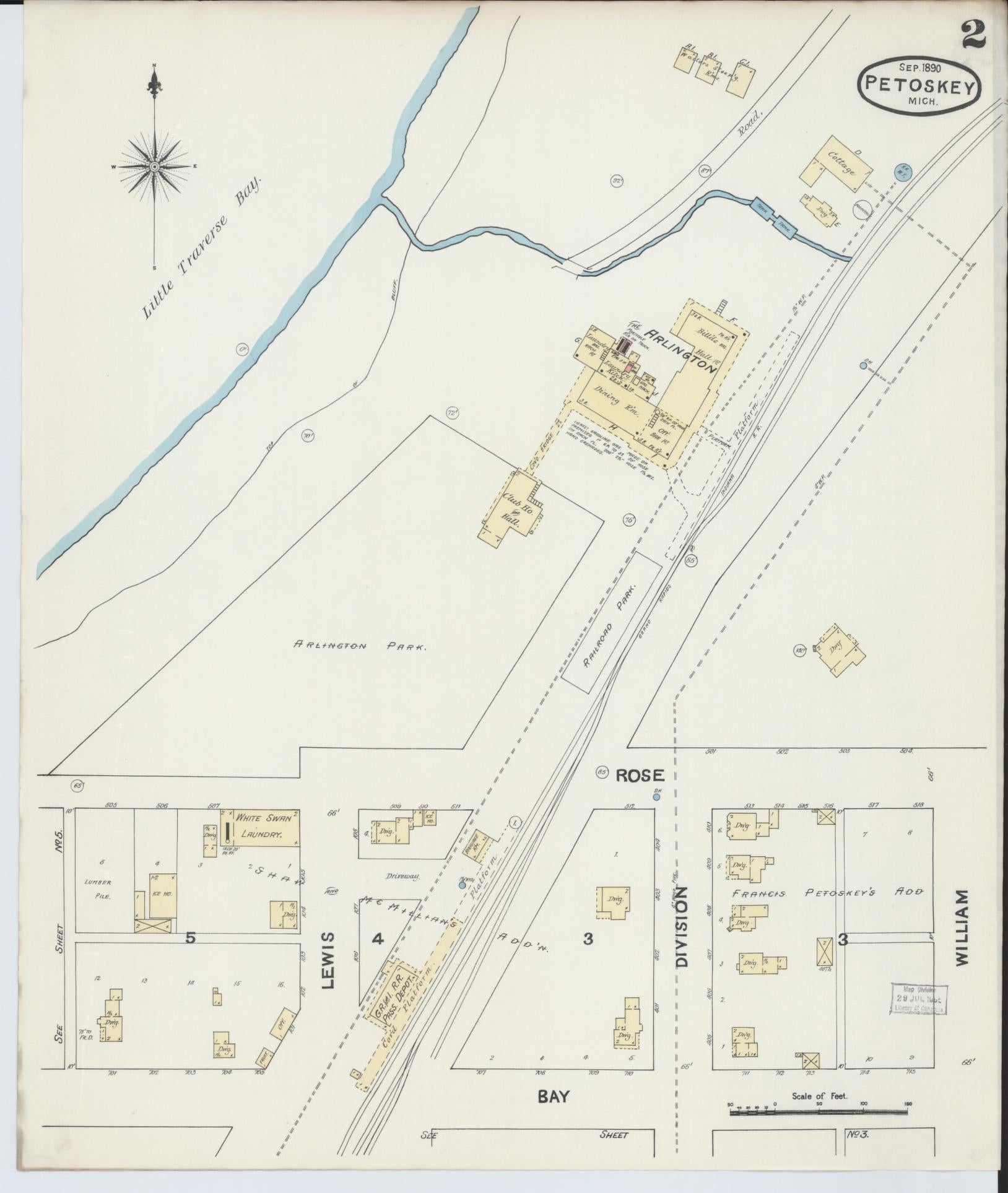 Sanborn Fire Insurance Map from Petoskey, Emmet County, Michigan (1890), Sheet #0002 - Historic Sanborn Fire Insurance Map Print, vintage old map wall art, antique decor, genealogy gift, Michigan Michigan map