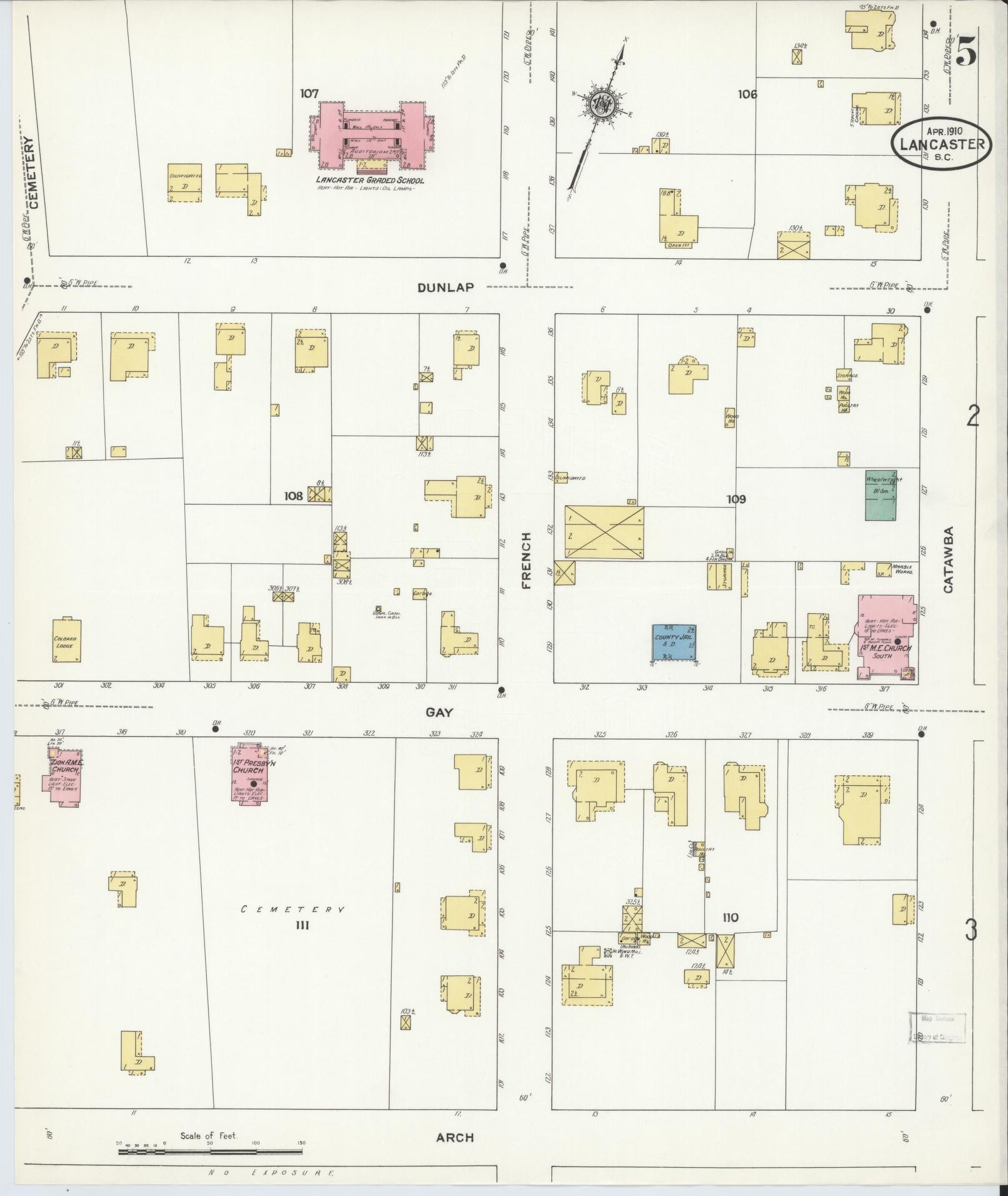 Sanborn Fire Insurance Map from Lancaster, Lancaster County, South Carolina (1910), Sheet #0005 - Historic Sanborn Fire Insurance Map Print, vintage old map wall art, antique decor, genealogy gift, South Carolina South Carolina map