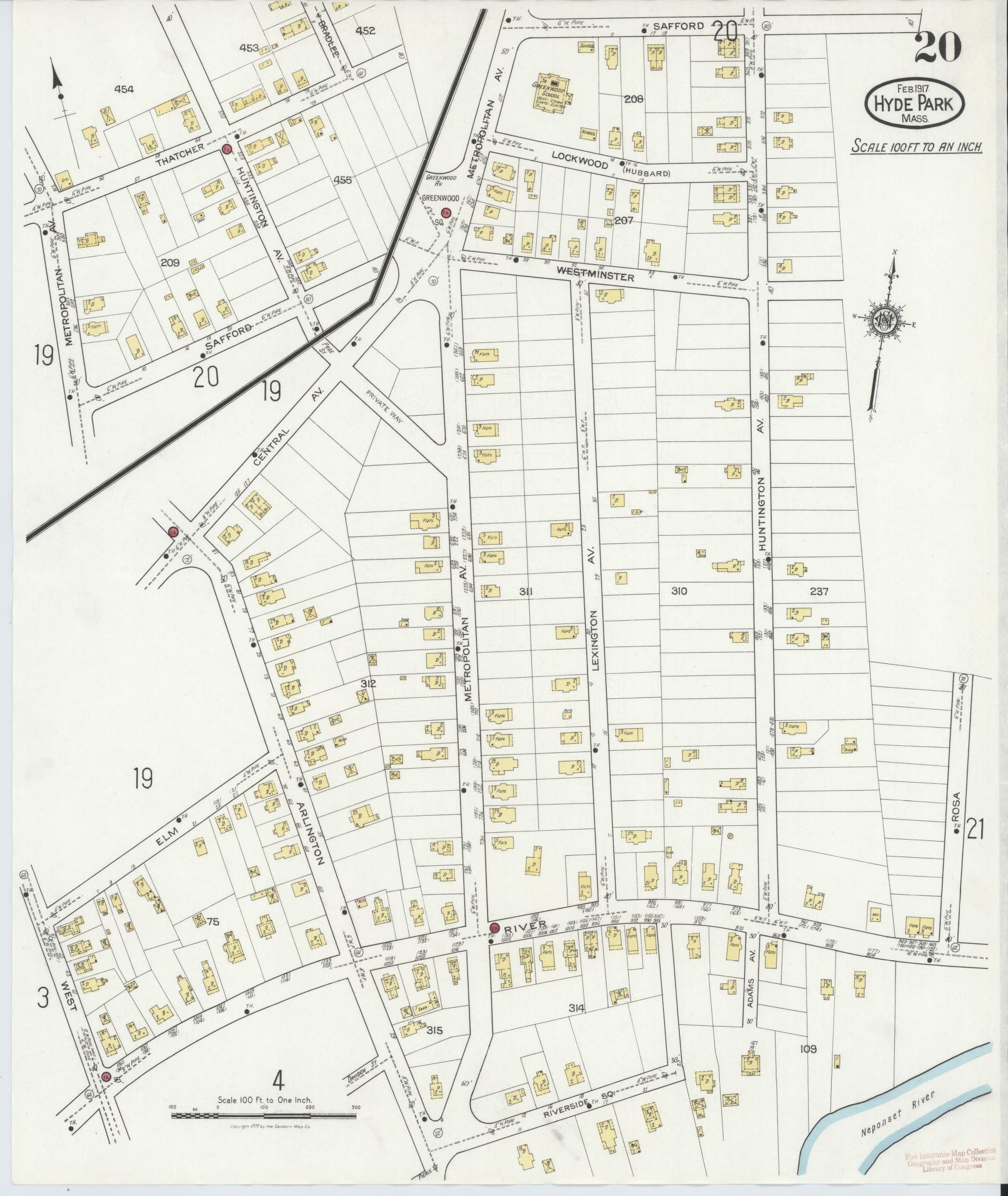 Sanborn Fire Insurance Map from Hyde Park, Norfolk County, Massachusetts (1917), Sheet #0020 - Complete Map Set gallery image, historic Sanborn map, vintage wall art, Massachusetts Massachusetts