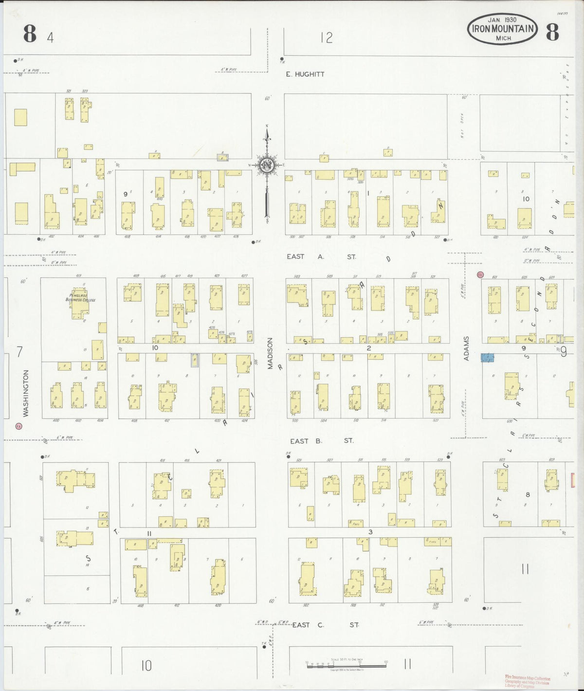 Sanborn Fire Insurance Map from Iron Mountain, Dickinson County, Michigan (1930), Sheet #0008 - Historic Sanborn Fire Insurance Map Print, vintage old map wall art, antique decor, genealogy gift, Michigan Michigan map