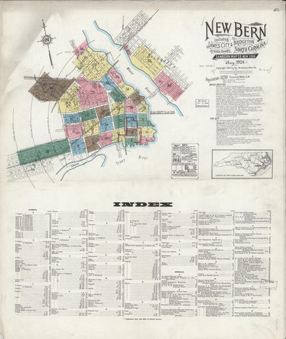 Sanborn Fire Insurance Map from New Bern, Craven County, North Carolina (1924), Sheet #0001 - Historic Sanborn Fire Insurance Map Print, vintage old map wall art, antique decor, genealogy gift, North Carolina North Carolina map