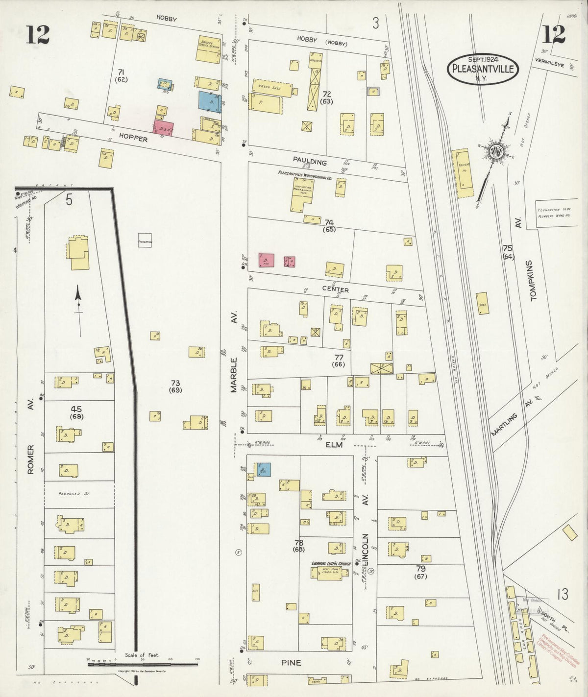 Sanborn Fire Insurance Map from Pleasantville, Westchester County, New York (1924), Sheet #0012 - Historic Sanborn Fire Insurance Map Print, vintage old map wall art, antique decor, genealogy gift, New York New York map