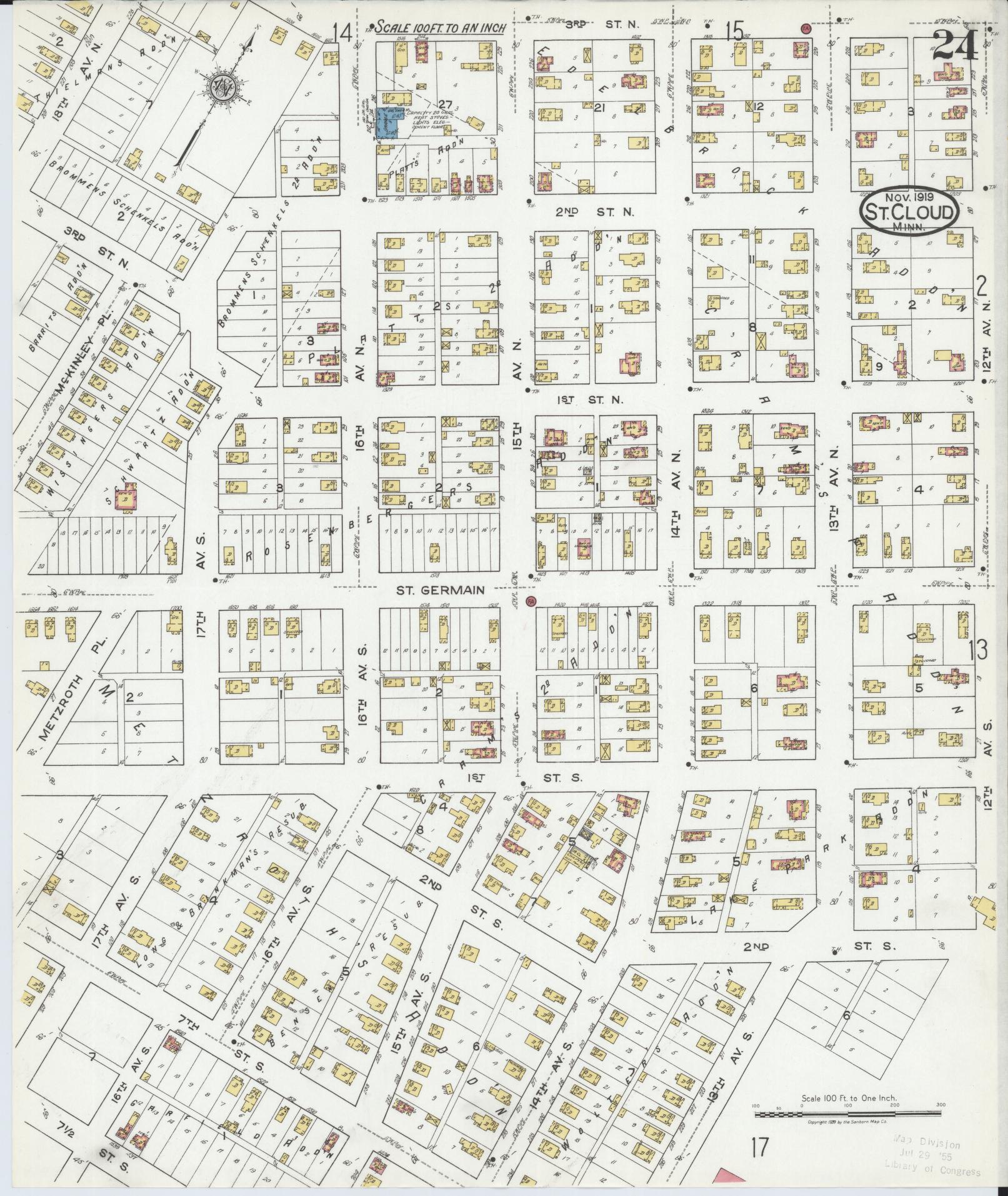 Sanborn Fire Insurance Map from Saint Cloud, Stearns, Benton, and Sherburne Counties, Minnesota (1919), Sheet #0024 - Historic Sanborn Fire Insurance Map Print, vintage old map wall art, antique decor, genealogy gift, Minnesota Minnesota map
