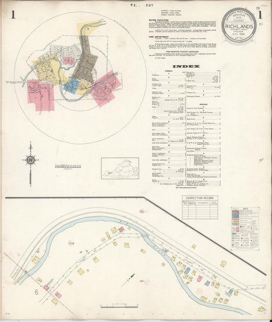 Sanborn Fire Insurance Map from Richlands, Tazewell County, Virginia (1936), Sheet #0001 - Historic Sanborn Fire Insurance Map Print, vintage old map wall art, antique decor, genealogy gift, Virginia Virginia map