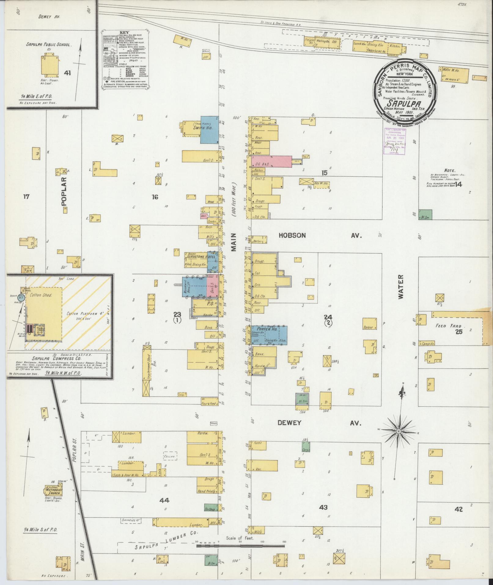 Sanborn Fire Insurance Map from Sapulpa, Creek County, Oklahoma (1901), Sheet #0001 - Historic Sanborn Fire Insurance Map Print, vintage old map wall art, antique decor, genealogy gift, Oklahoma Oklahoma map