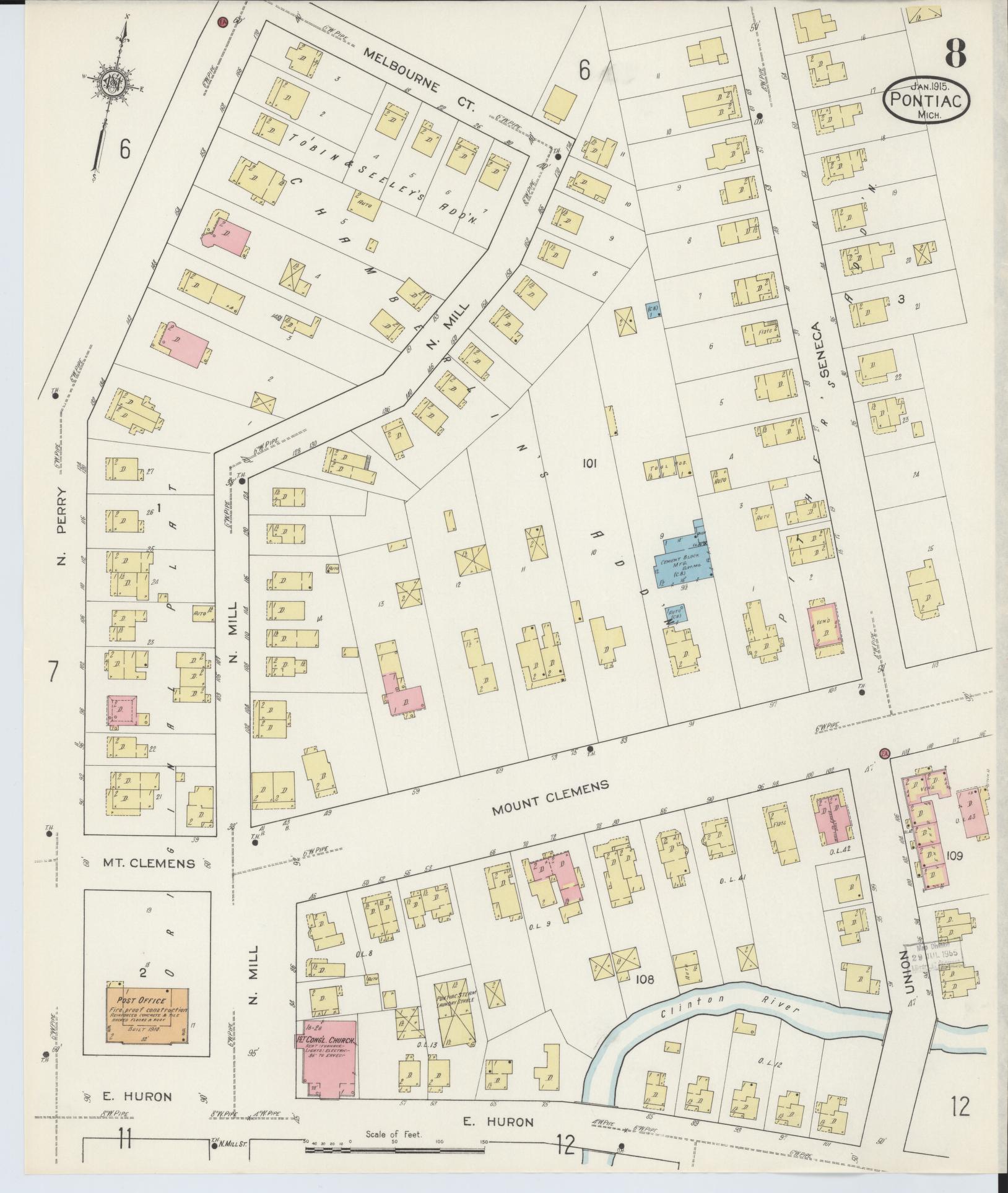 Sanborn Fire Insurance Map from Pontiac, Oakland County, Michigan (1915), Sheet #0008 - Complete Map Set gallery image, historic Sanborn map, vintage wall art, Michigan Michigan