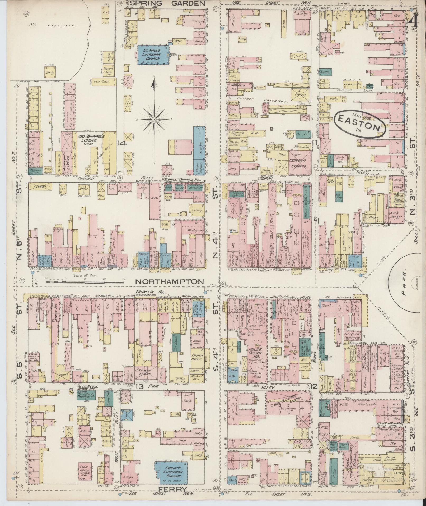 Sanborn Fire Insurance Map from Easton, Northampton County, Pennsylvania (1885), Sheet #0004 - Historic Sanborn Fire Insurance Map Print, vintage old map wall art, antique decor, genealogy gift, Pennsylvania Pennsylvania map