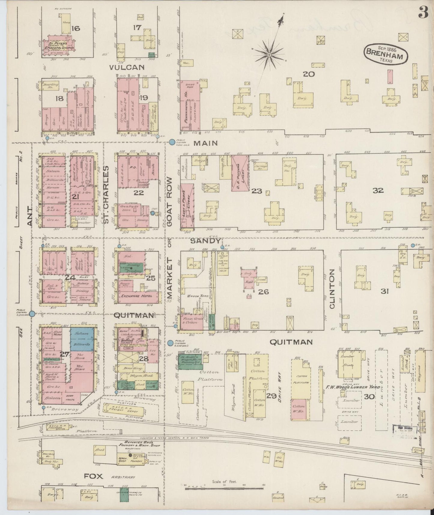 Sanborn Fire Insurance Map from Brenham, Washington County, Texas (1885), Sheet #0003 - Historic Sanborn Fire Insurance Map Print, vintage old map wall art, antique decor, genealogy gift, Texas Texas map