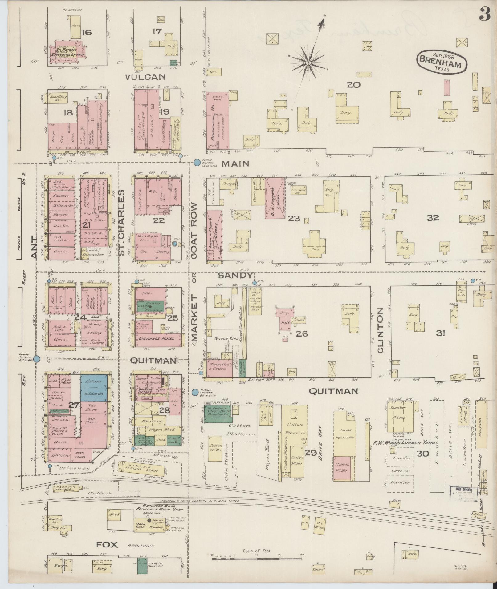 Sanborn Fire Insurance Map from Brenham, Washington County, Texas (1885), Sheet #0003 - Historic Sanborn Fire Insurance Map Print, vintage old map wall art, antique decor, genealogy gift, Texas Texas map