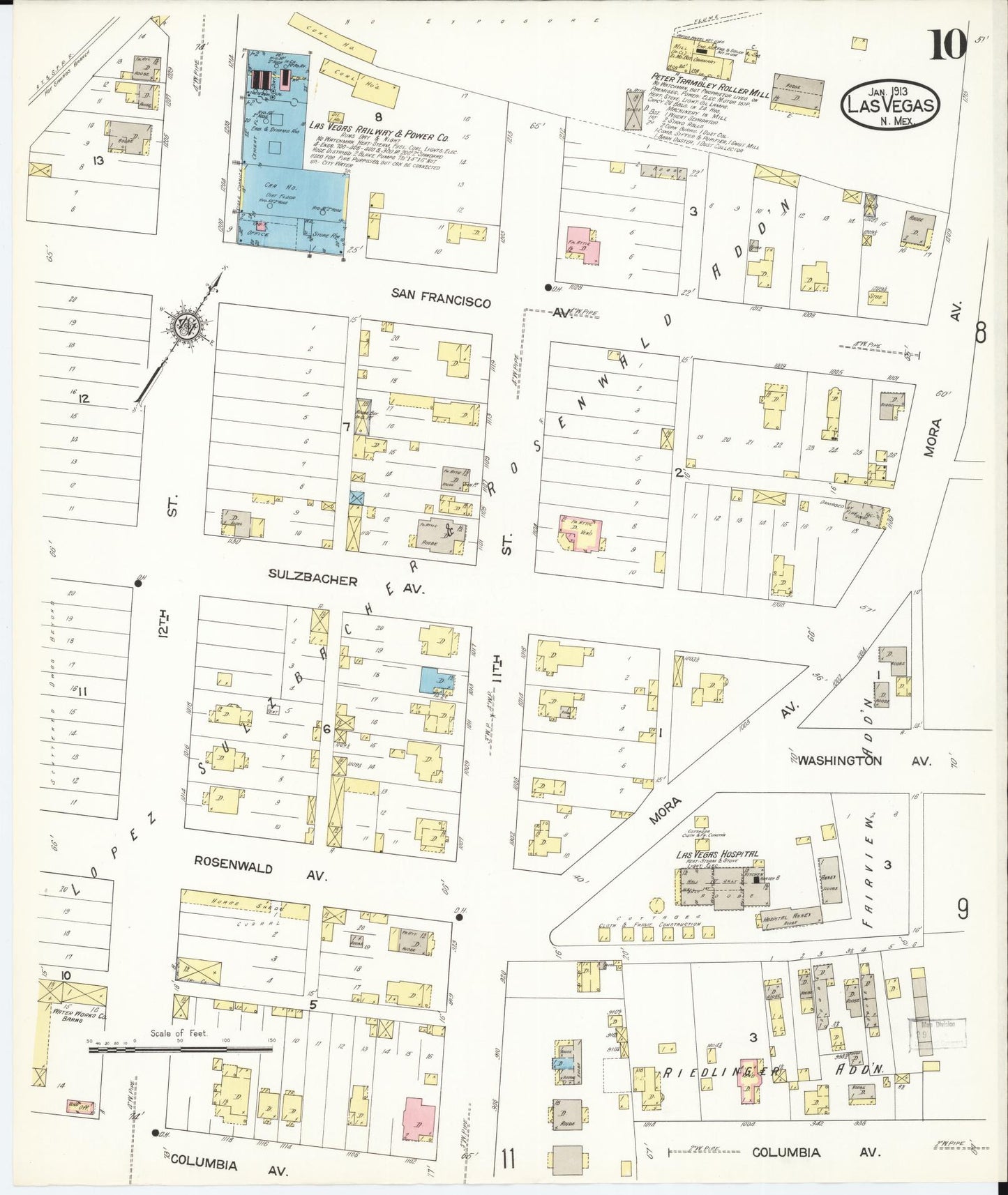 Sanborn Fire Insurance Map from Las Vegas, San Miguel County, New Mexico (1913), Sheet #0010 - Complete Map Set gallery image, historic Sanborn map, vintage wall art, New Mexico New Mexico