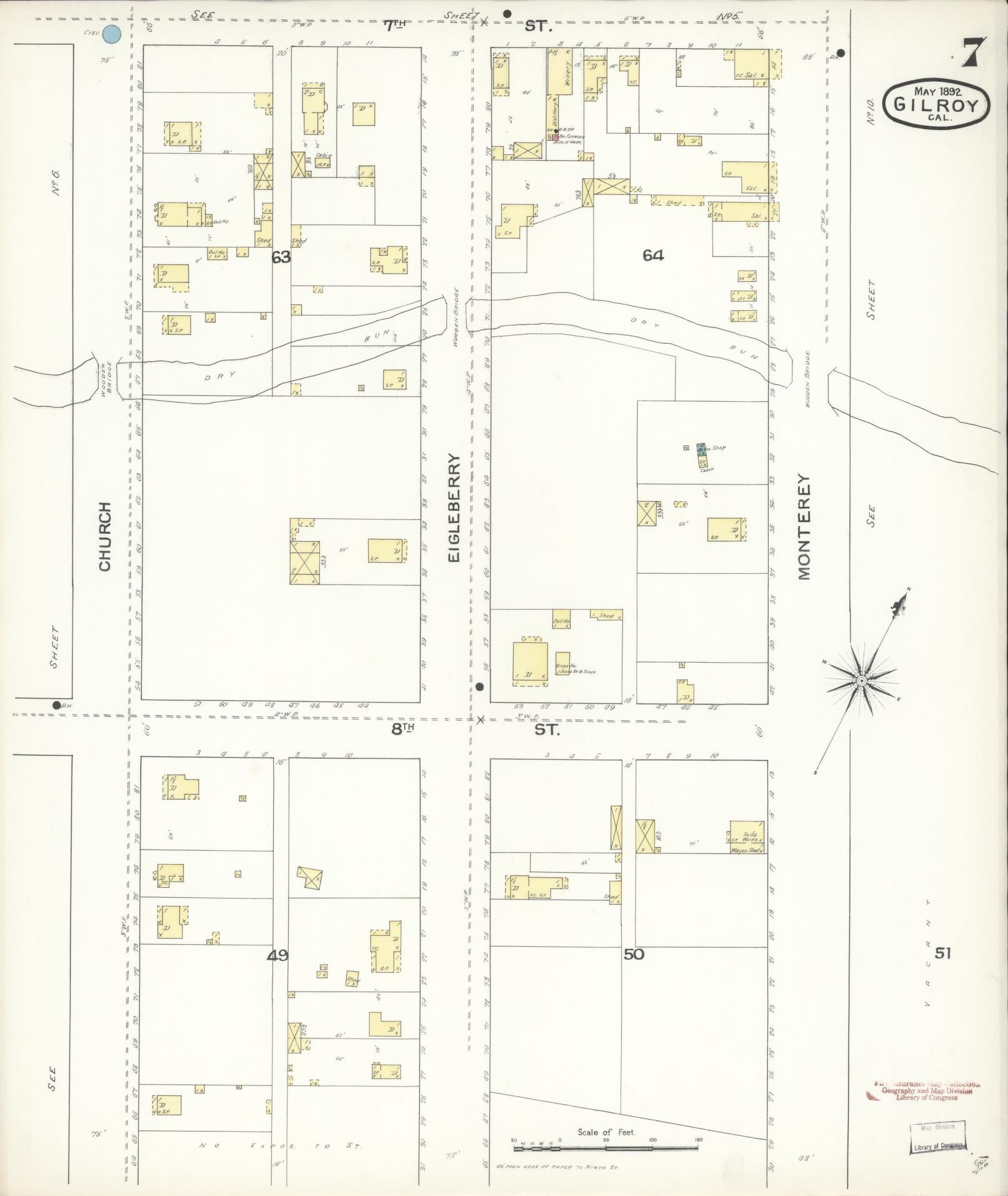 Sanborn Fire Insurance Map from Gilroy, Santa Clara County, California (1892), Sheet #0007 - Historic Sanborn Fire Insurance Map Print, vintage old map wall art, antique decor, genealogy gift, California California map
