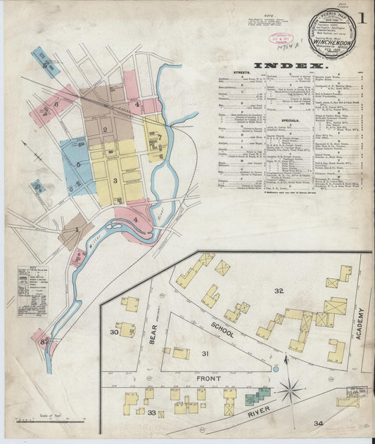 Sanborn Fire Insurance Map from Winchendon, Worcester County, Massachusetts (1892), Sheet #0001 - Historic Sanborn Fire Insurance Map Print, vintage old map wall art, antique decor, genealogy gift, Massachusetts Massachusetts map