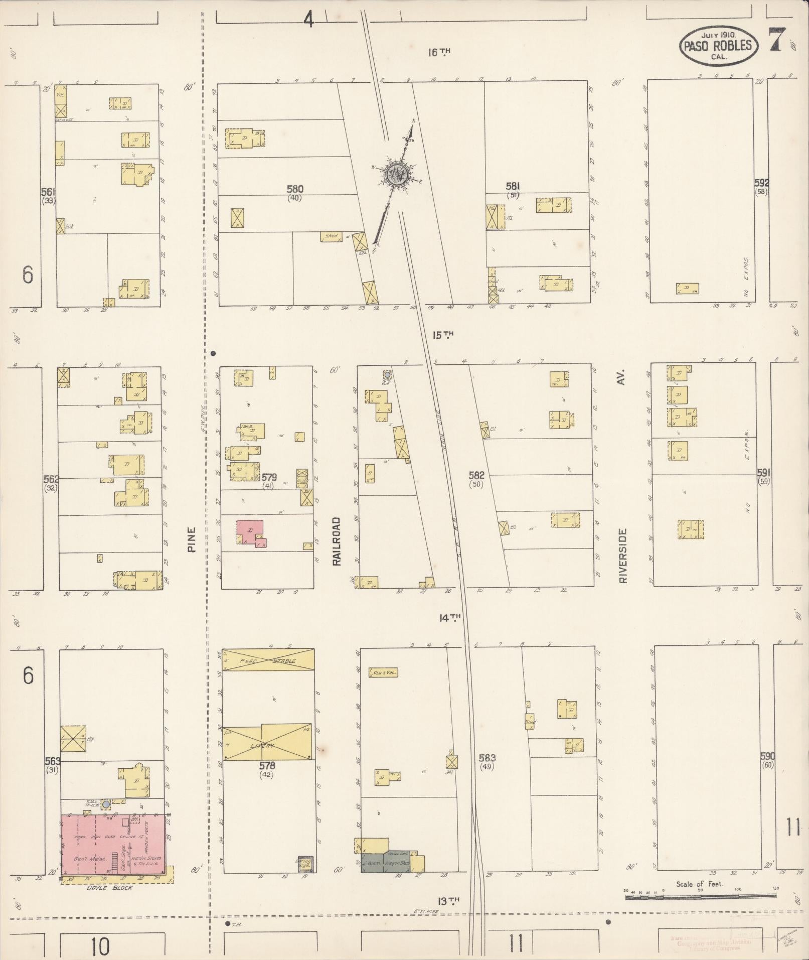 Sanborn Fire Insurance Map from Paso Robles, San Luis Obispo County, California (1910), Sheet #0007 - Complete Map Set gallery image, historic Sanborn map, vintage wall art, California California