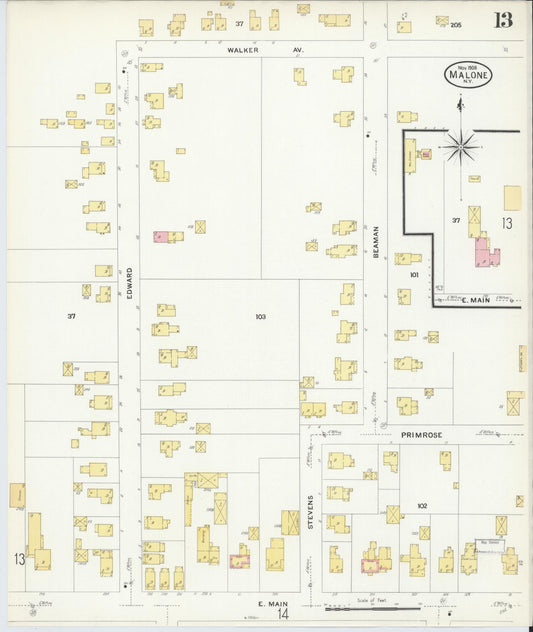 Sanborn Fire Insurance Map from Malone, Franklin County, New York (1908), Sheet #0013 - Historic Sanborn Fire Insurance Map Print, vintage old map wall art, antique decor, genealogy gift, New York New York map