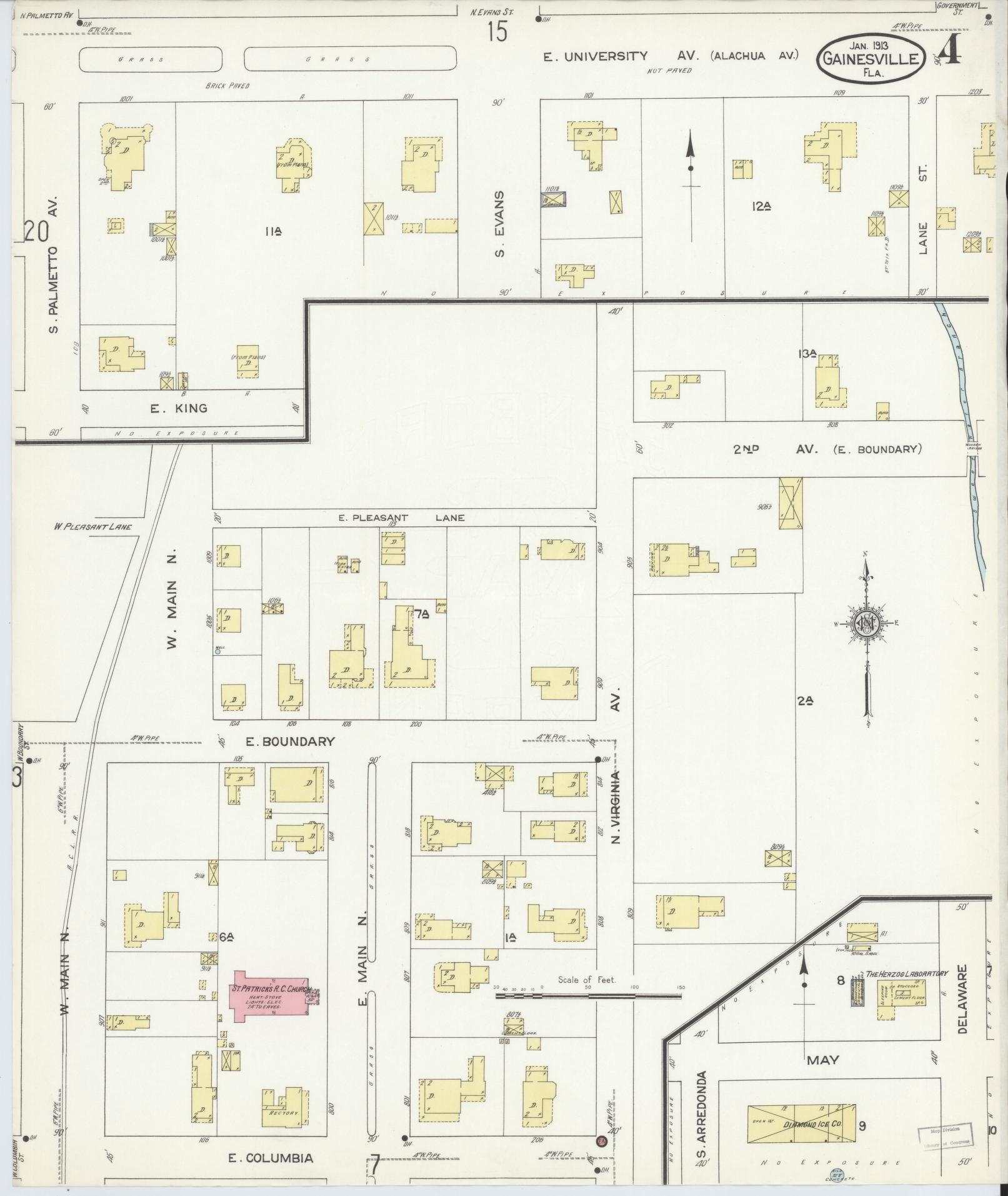Sanborn Fire Insurance Map from Gainesville, Alachua County, Florida (1913), Sheet #0004 - Complete Map Set gallery image, historic Sanborn map, vintage wall art, Florida Florida