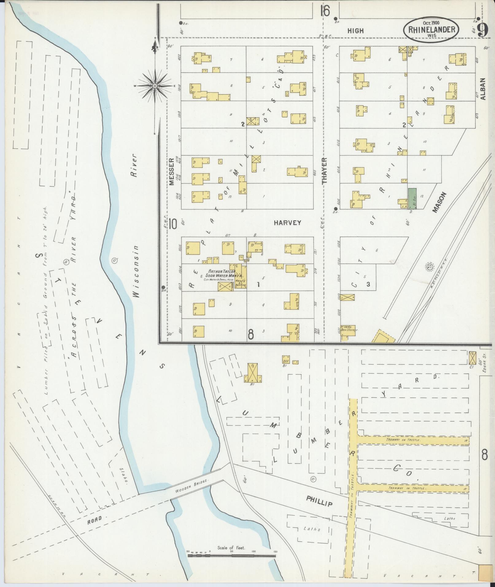 Sanborn Fire Insurance Map from Rhinelander, Oneida County, Wisconsin (1900), Sheet #0009 - Complete Map Set gallery image, historic Sanborn map, vintage wall art, Wisconsin Wisconsin