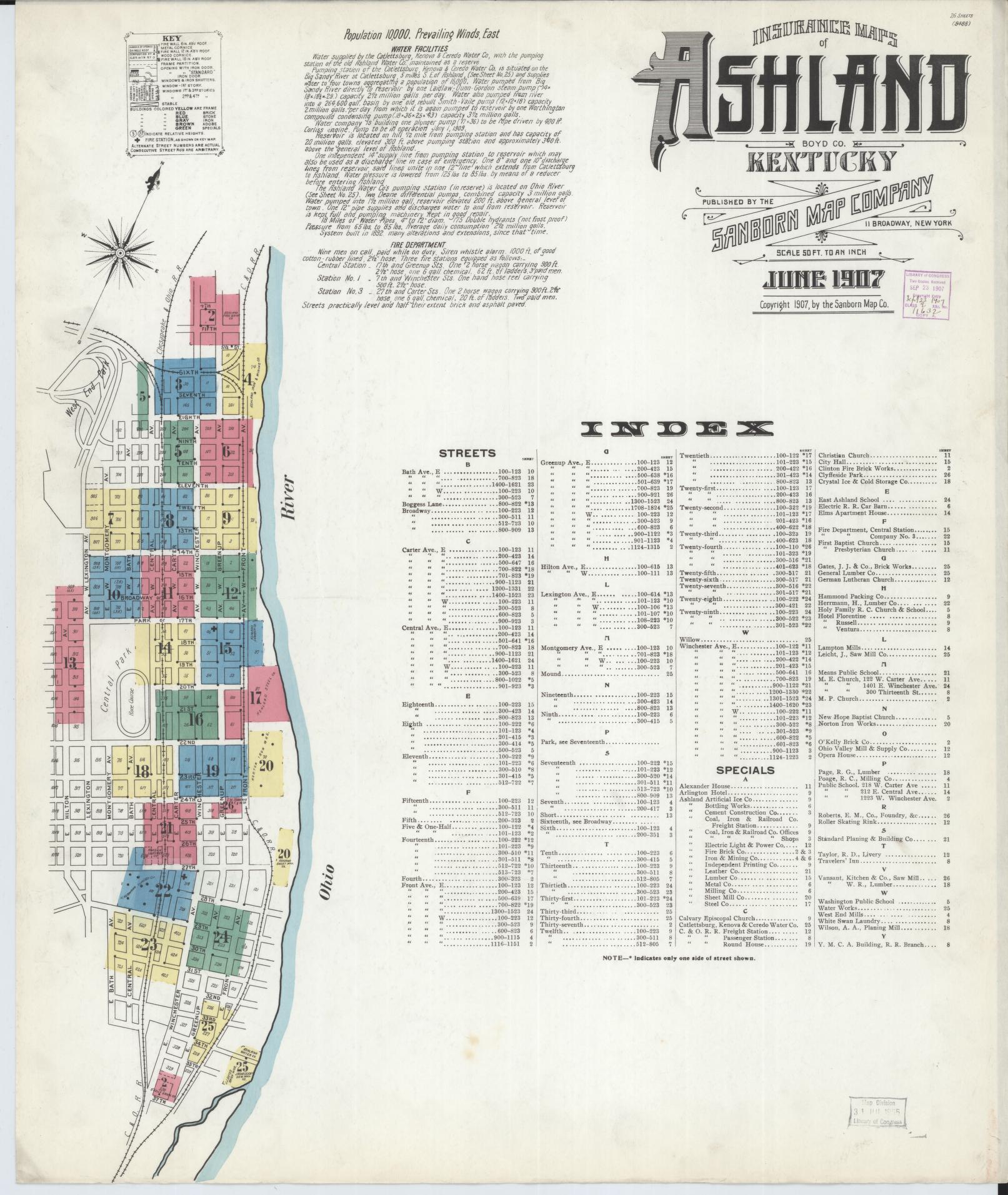 Sanborn Fire Insurance Map from Ashland, Boyd County, Kentucky (1907), Sheet #0001 - Historic Sanborn Fire Insurance Map Print, vintage old map wall art, antique decor, genealogy gift, Kentucky Kentucky map