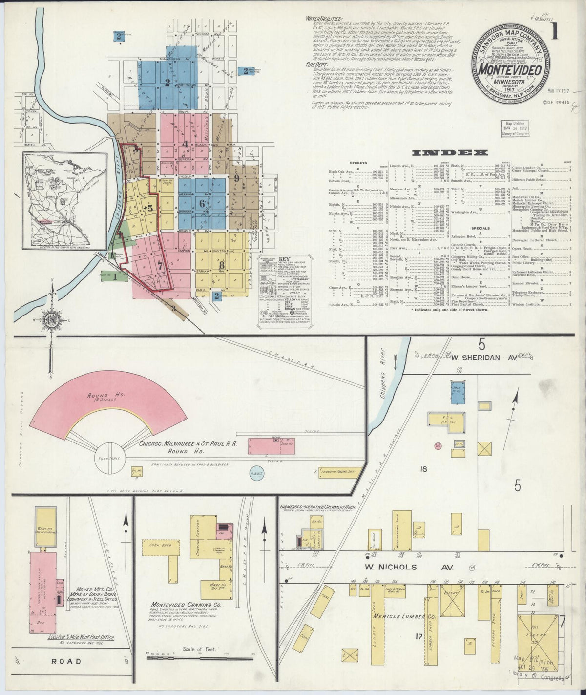 Sanborn Fire Insurance Map from Montevideo, Chippewa County, Minnesota (1917), Sheet #0001 - Historic Sanborn Fire Insurance Map Print, vintage old map wall art, antique decor, genealogy gift, Minnesota Minnesota map