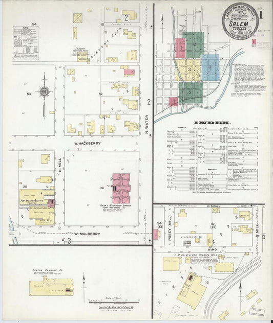 Sanborn Fire Insurance Map from Salem, Washington County, Indiana (1910), Sheet #0001 - Historic Sanborn Fire Insurance Map Print, vintage old map wall art, antique decor, genealogy gift, Indiana Indiana map