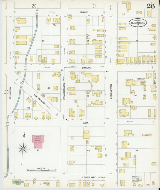 Sanborn Fire Insurance Map from Baton Rouge, East Baton Rouge Parish, Louisiana (1908), Sheet #0026 - Historic Sanborn Fire Insurance Map Print, vintage old map wall art, antique decor, genealogy gift, Louisiana Louisiana map