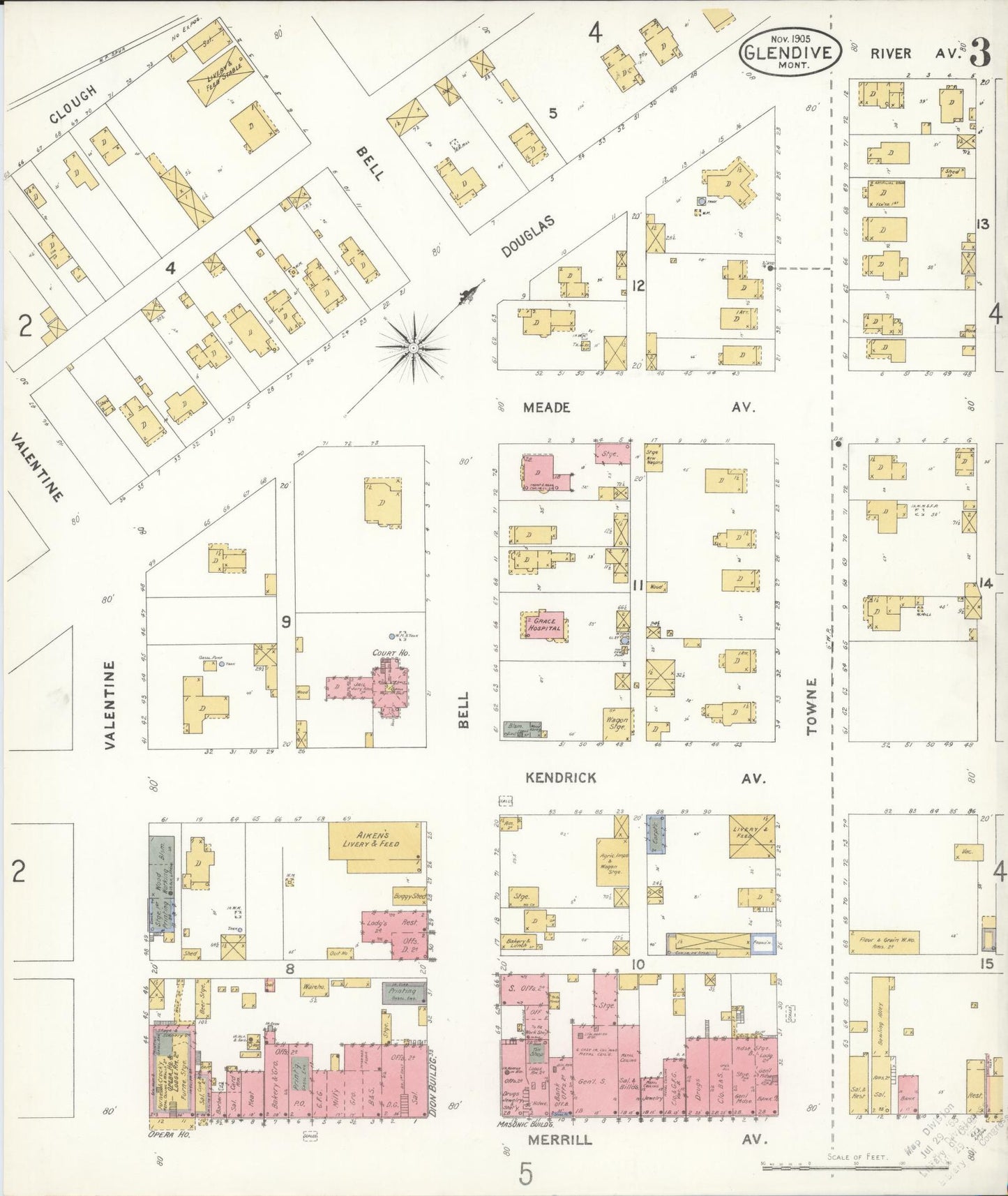 Sanborn Fire Insurance Map from Glendive, Dawson County, Montana (1905), Sheet #0003 - Complete Map Set gallery image, historic Sanborn map, vintage wall art, Montana Montana