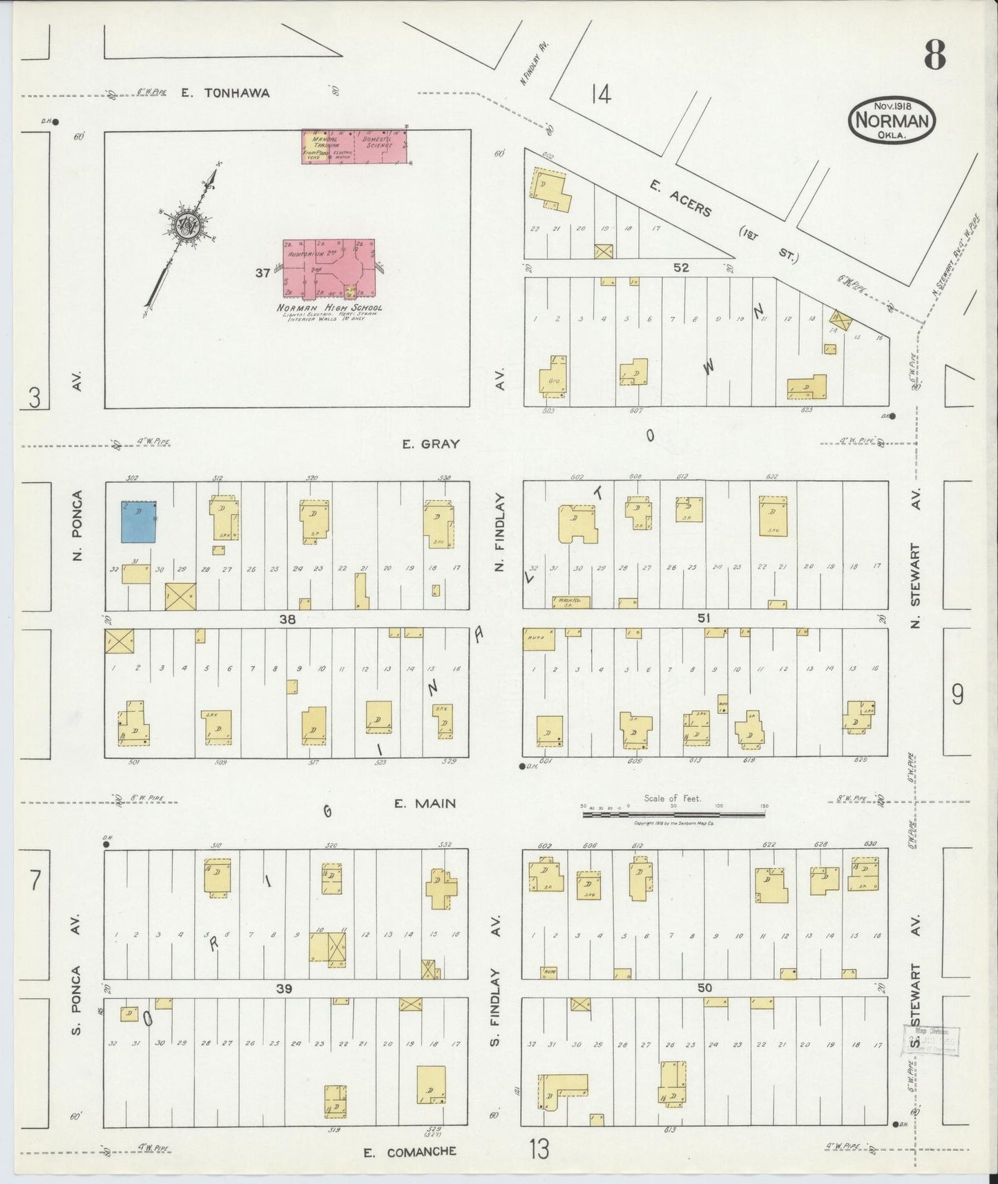 Sanborn Fire Insurance Map from Norman, Cleveland County, Oklahoma (1918), Sheet #0008 - Complete Map Set gallery image, historic Sanborn map, vintage wall art, Oklahoma Oklahoma