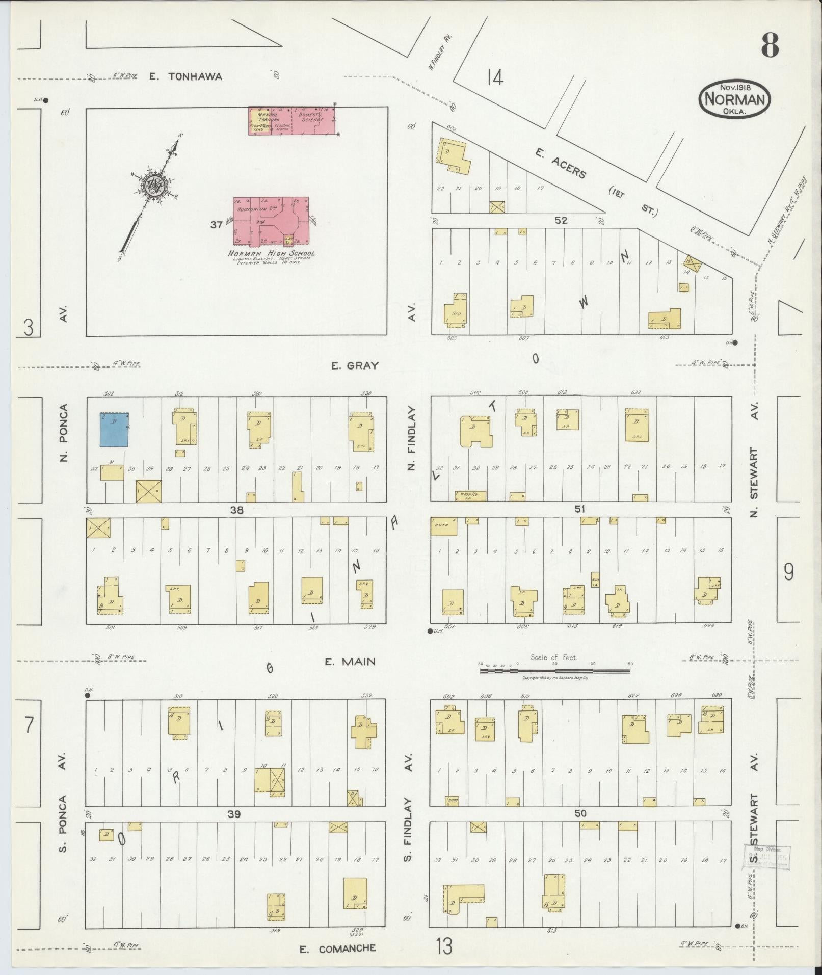 Sanborn Fire Insurance Map from Norman, Cleveland County, Oklahoma (1918), Sheet #0008 - Complete Map Set gallery image, historic Sanborn map, vintage wall art, Oklahoma Oklahoma