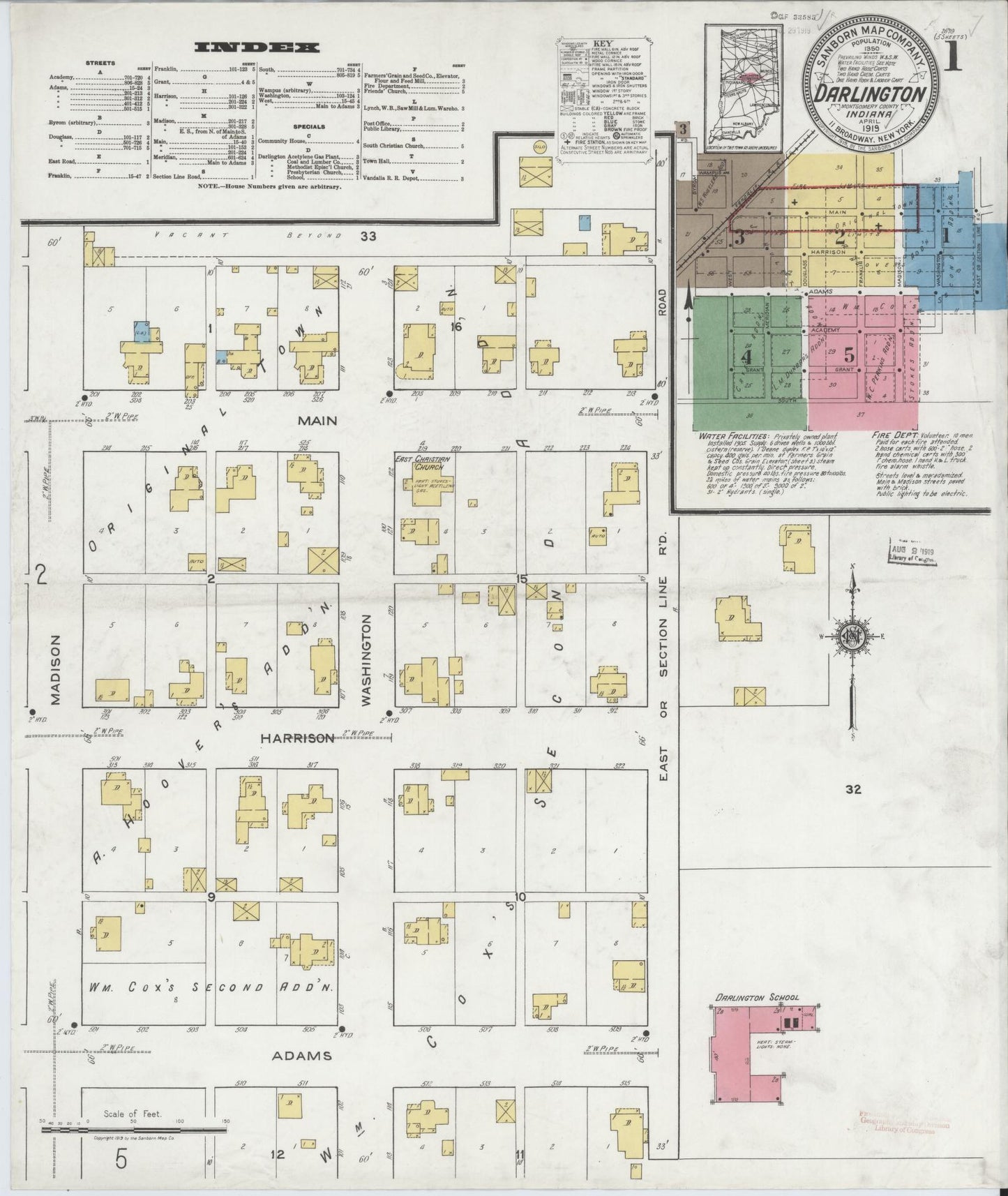 Sanborn Fire Insurance Map from Darlington, Montgomery County, Indiana (1919), Sheet #0001 - Complete Map Set gallery image, historic Sanborn map, vintage wall art, Indiana Indiana