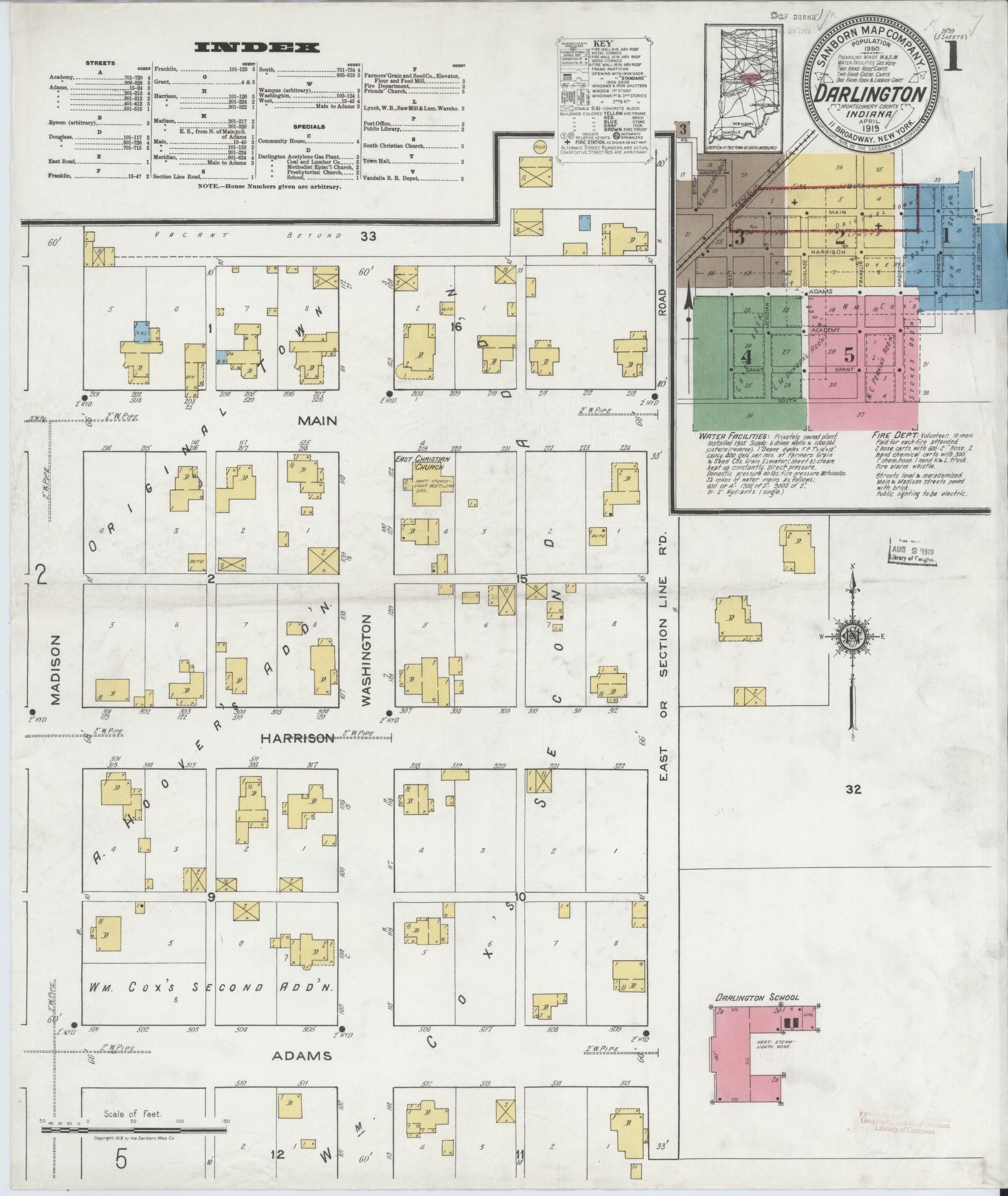 Sanborn Fire Insurance Map from Darlington, Montgomery County, Indiana (1919), Sheet #0001 - Complete Map Set gallery image, historic Sanborn map, vintage wall art, Indiana Indiana
