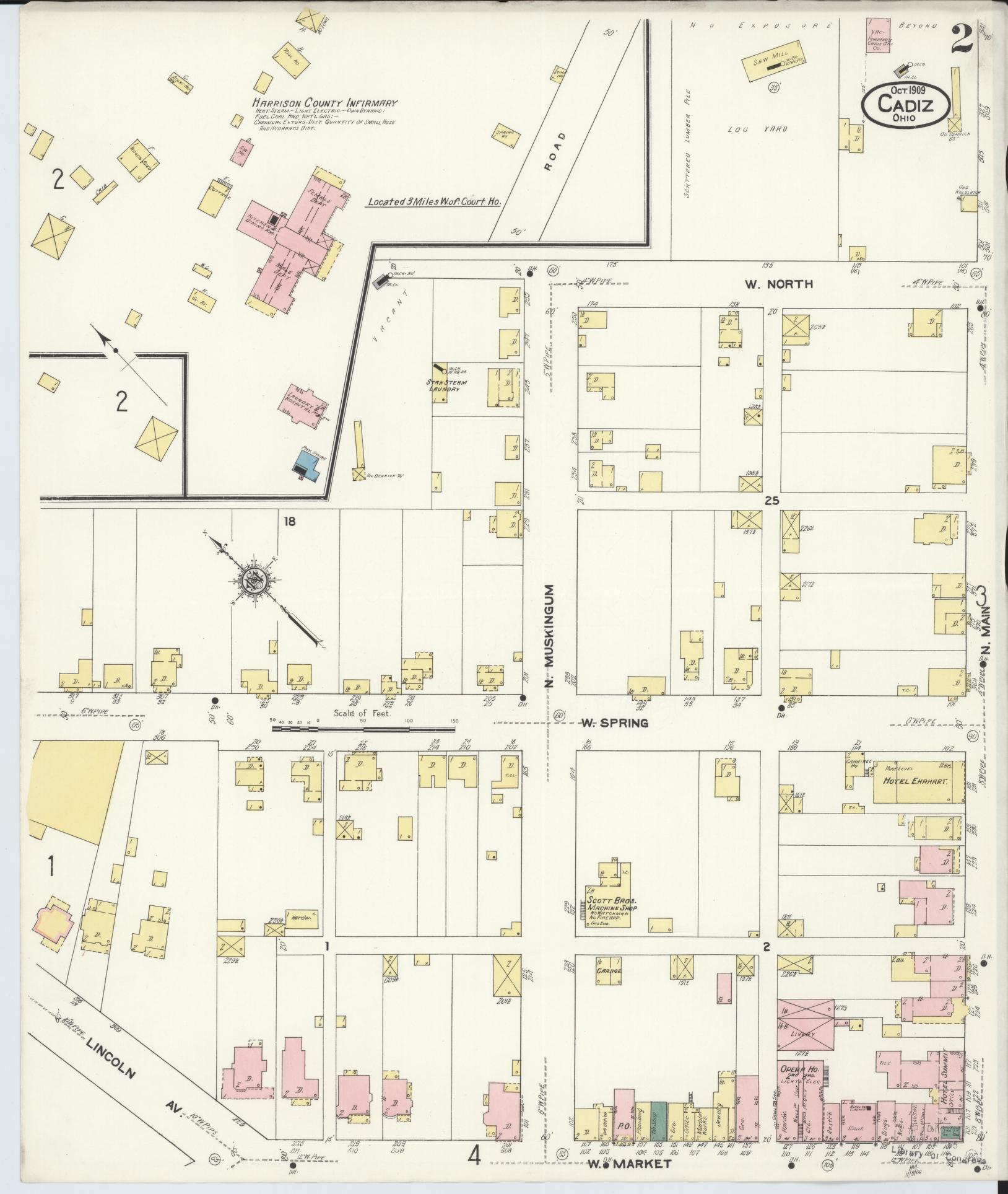 Sanborn Fire Insurance Map from Cadiz, Harrison County, Ohio (1909), Sheet #0002 - Historic Sanborn Fire Insurance Map Print, vintage old map wall art, antique decor, genealogy gift, Ohio Ohio map