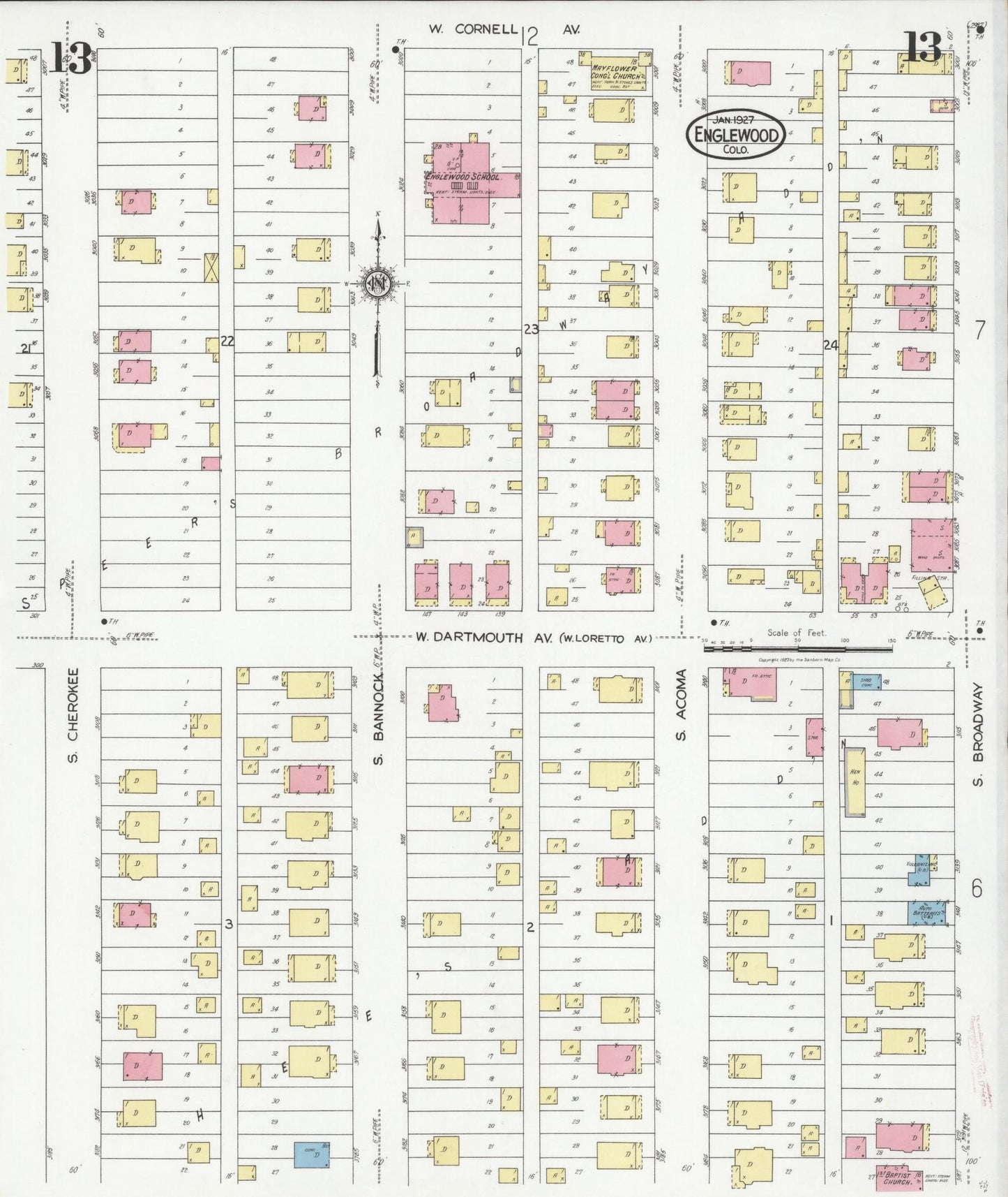 Sanborn Fire Insurance Map from Englewood, Arapahoe County, Colorado (1927), Sheet #0013 - Complete Map Set gallery image, historic Sanborn map, vintage wall art, Colorado Colorado