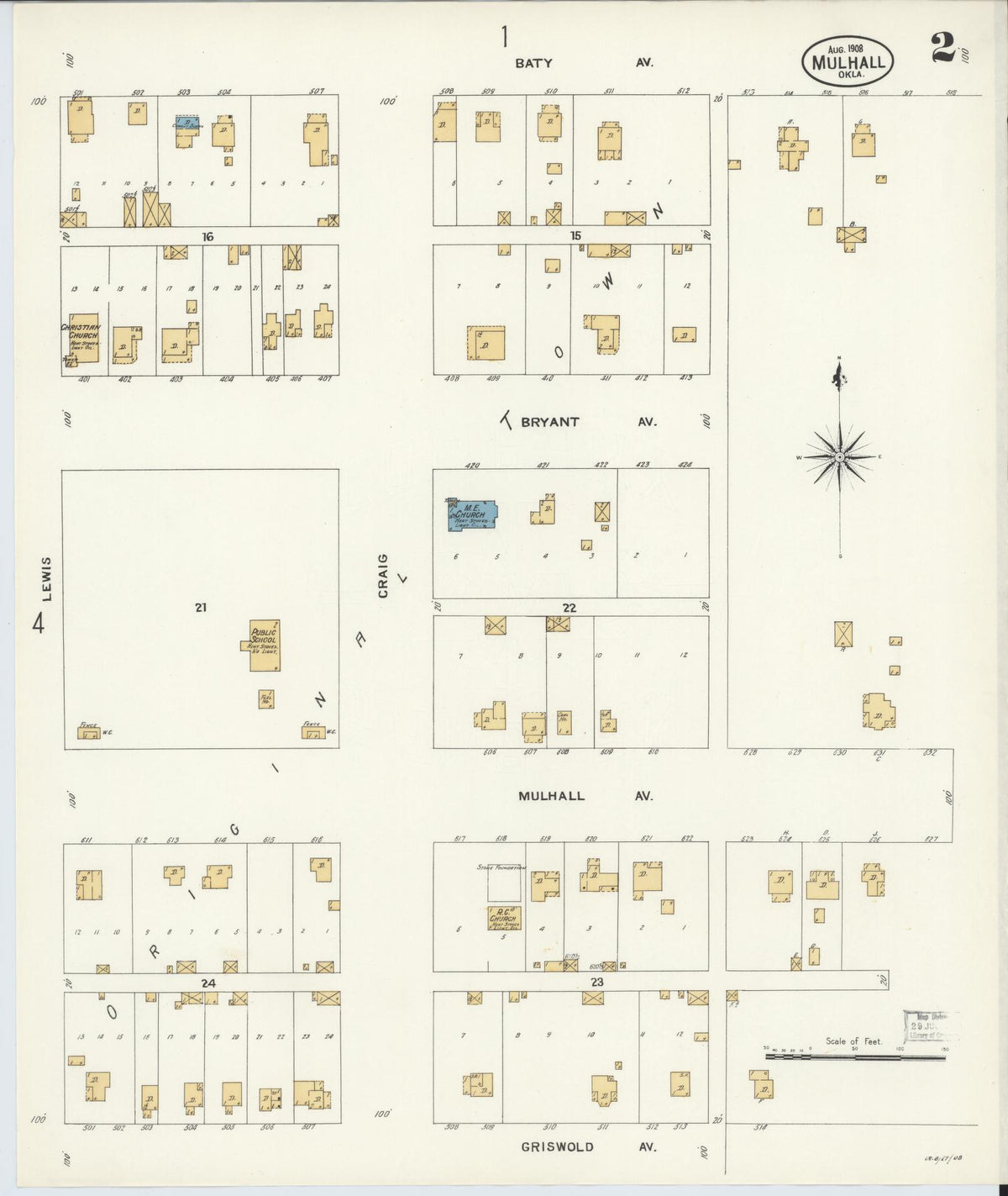 Sanborn Fire Insurance Map from Mulhall, Logan County, Oklahoma (1908), Sheet #0002 - Historic Sanborn Fire Insurance Map Print, vintage old map wall art, antique decor, genealogy gift, Oklahoma Oklahoma map
