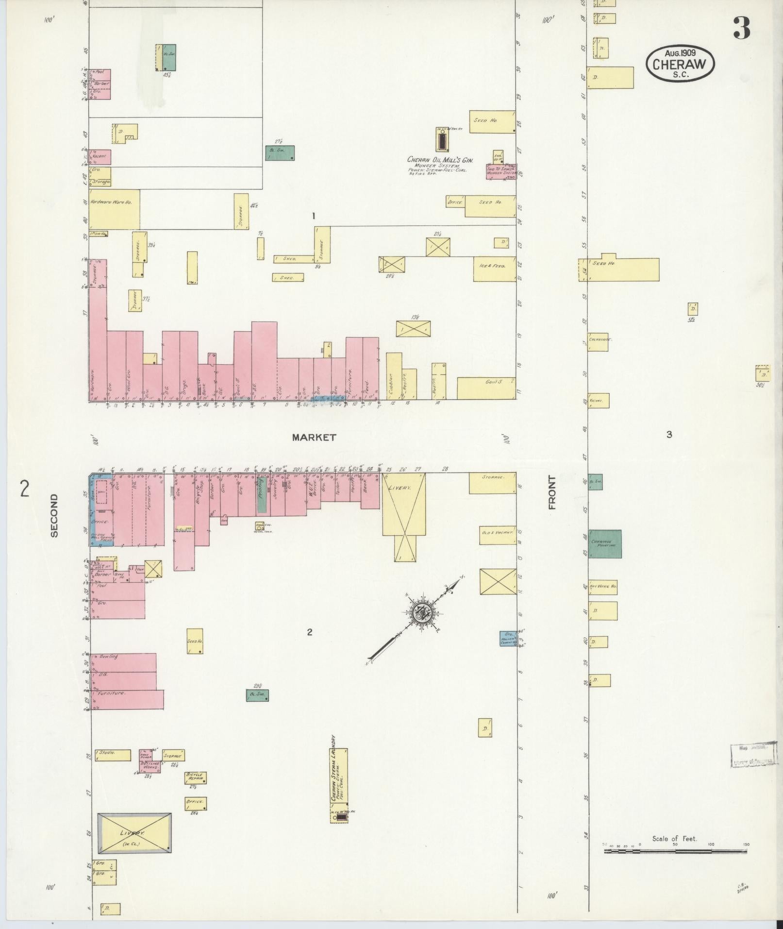 Sanborn Fire Insurance Map from Cheraw, Chesterfield County, South Carolina (1909), Sheet #0003 - Historic Sanborn Fire Insurance Map Print, vintage old map wall art, antique decor, genealogy gift, South Carolina South Carolina map