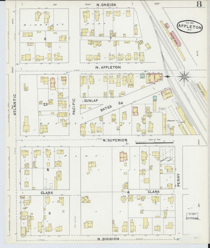 Sanborn Fire Insurance Map from Appleton, Outagamie County, Wisconsin (1891), Sheet #0008 - Historic Sanborn Fire Insurance Map Print, vintage old map wall art, antique decor, genealogy gift, Wisconsin Wisconsin map